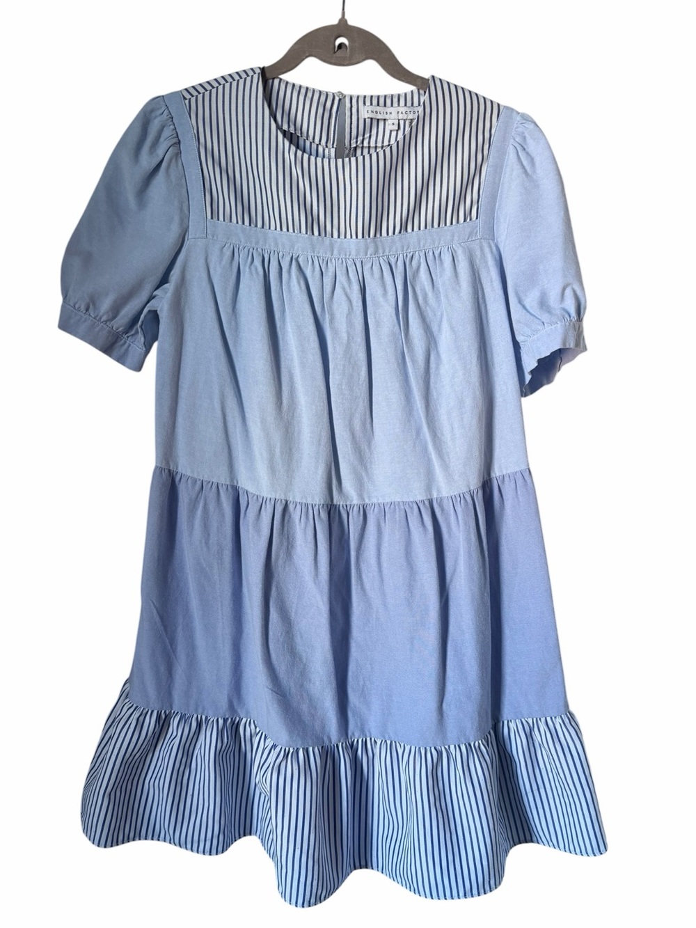 English Factory Light Blue Striped Yoke Tiered Dress Ruffles Feminine Cotton